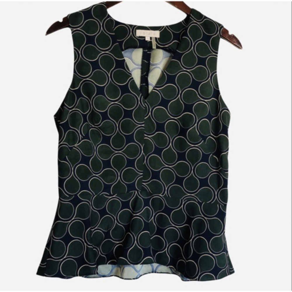 Bloomingdales Nordstrom 1.State Peplum Sleeveless Blouse Green Navy‎ Large